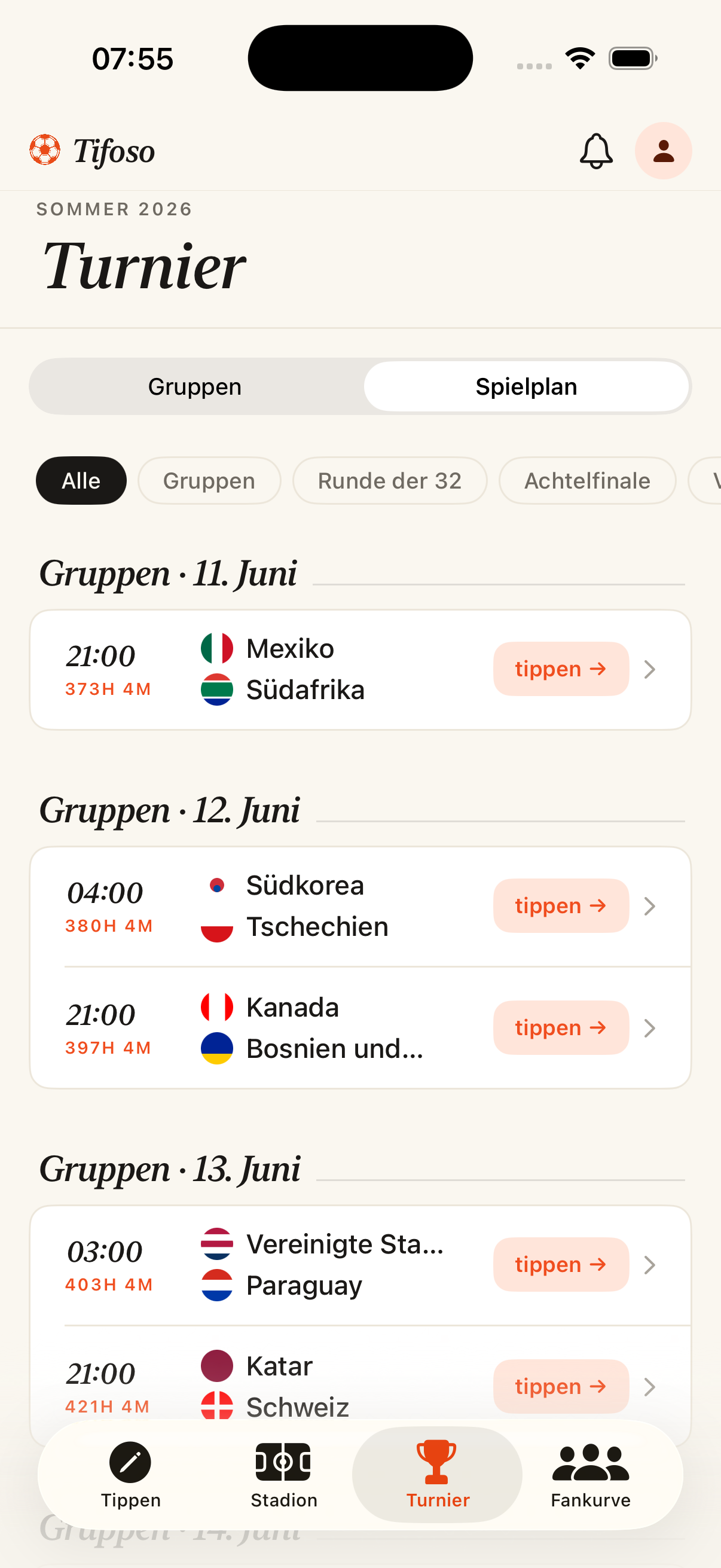 Turnier-Spielplan-Screen